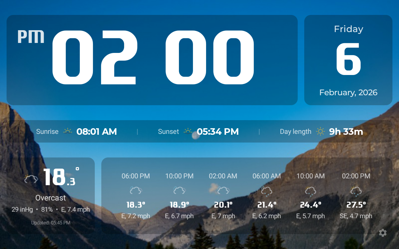 HelioFrame day theme — time, weather and sunrise displayed on tablet