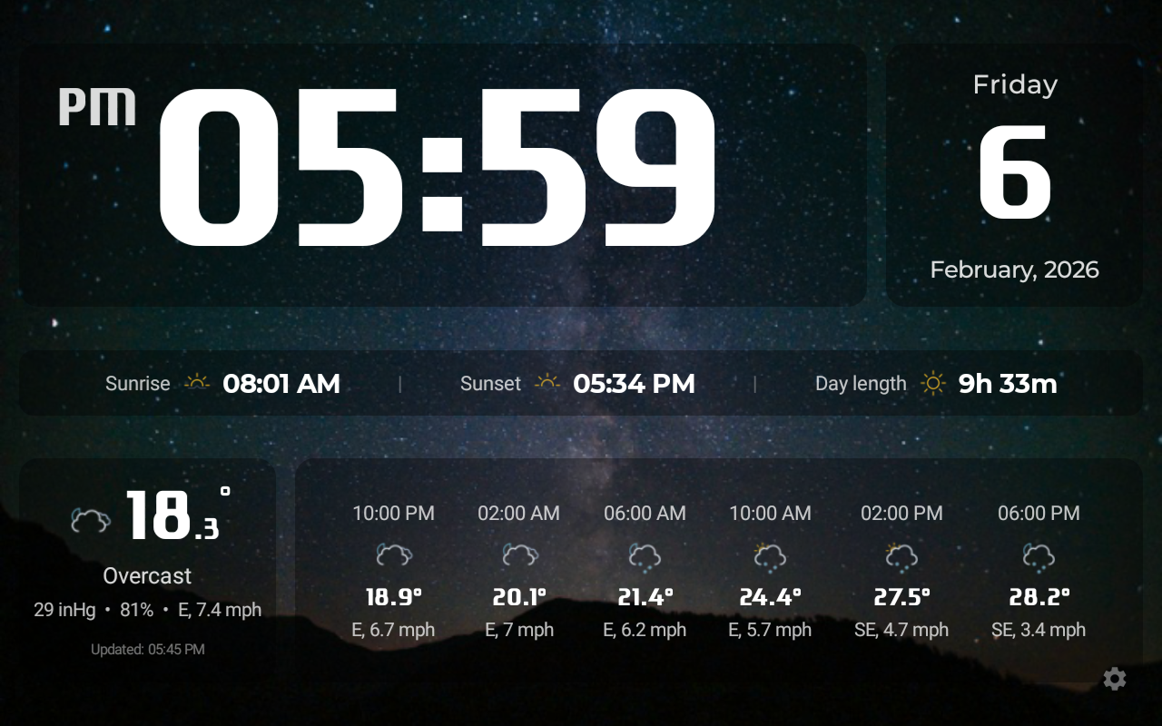 HelioFrame night theme — clock and weather on a dark background