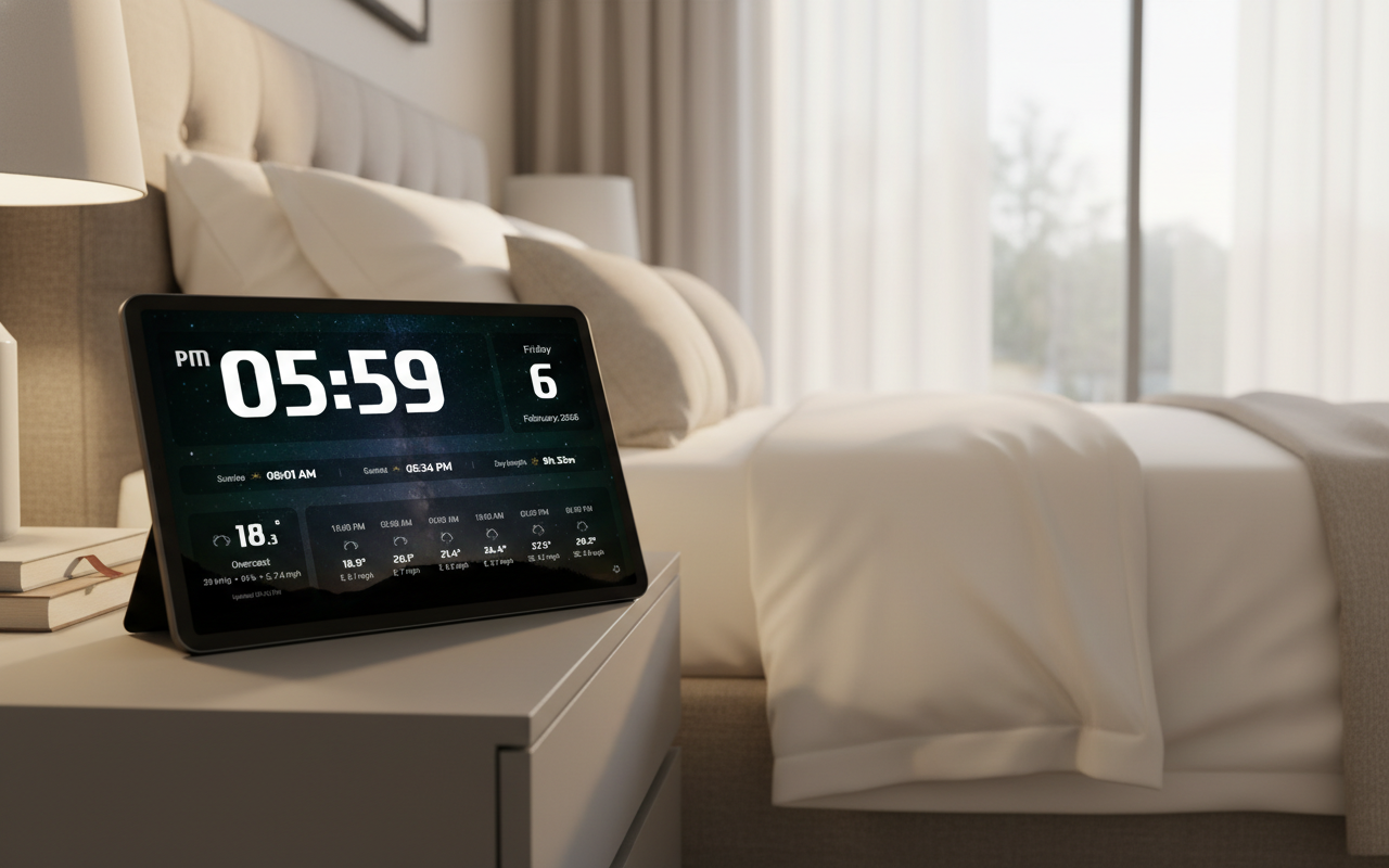 Tablet with HelioFrame on a bedside table — smart clock and weather display