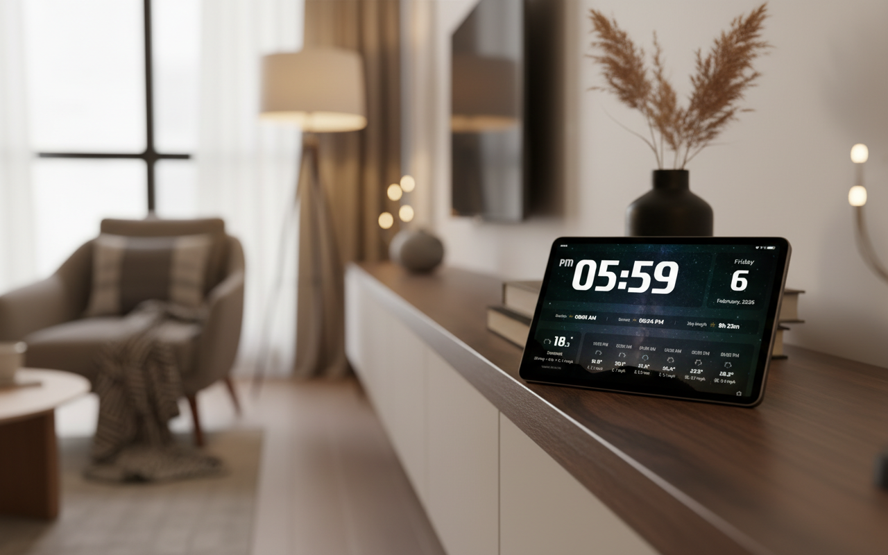 Tablet with HelioFrame on a shelf in a living room — always-on smart display